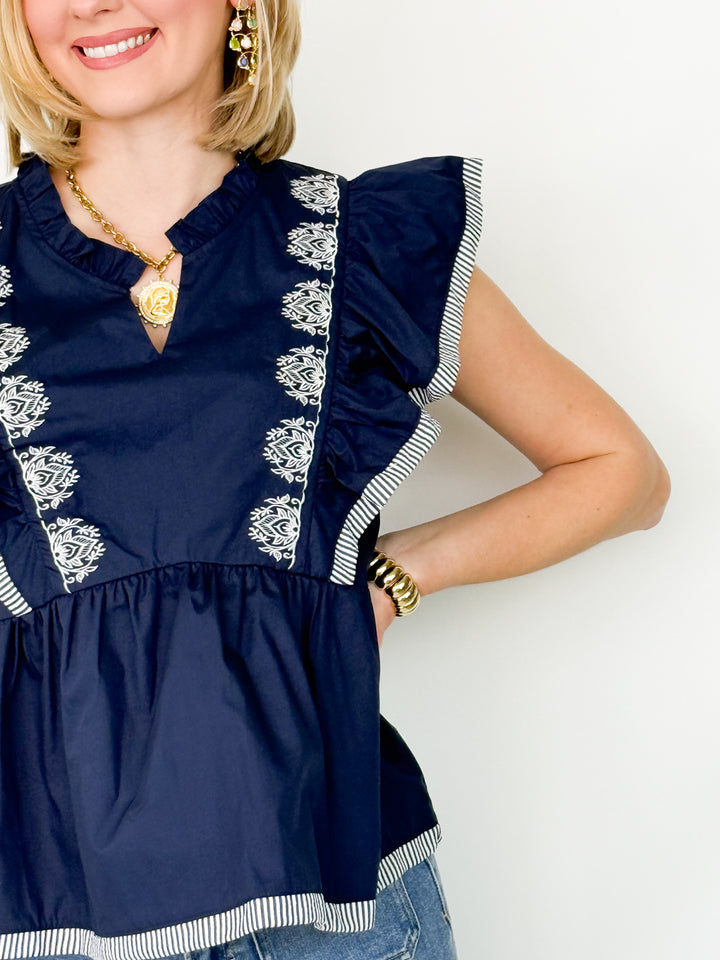 Lynsey - Navy Ruffled Sleeve Embroidered Top