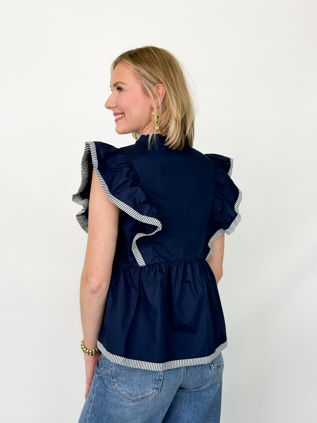 Lynsey - Navy Ruffled Sleeve Embroidered Top