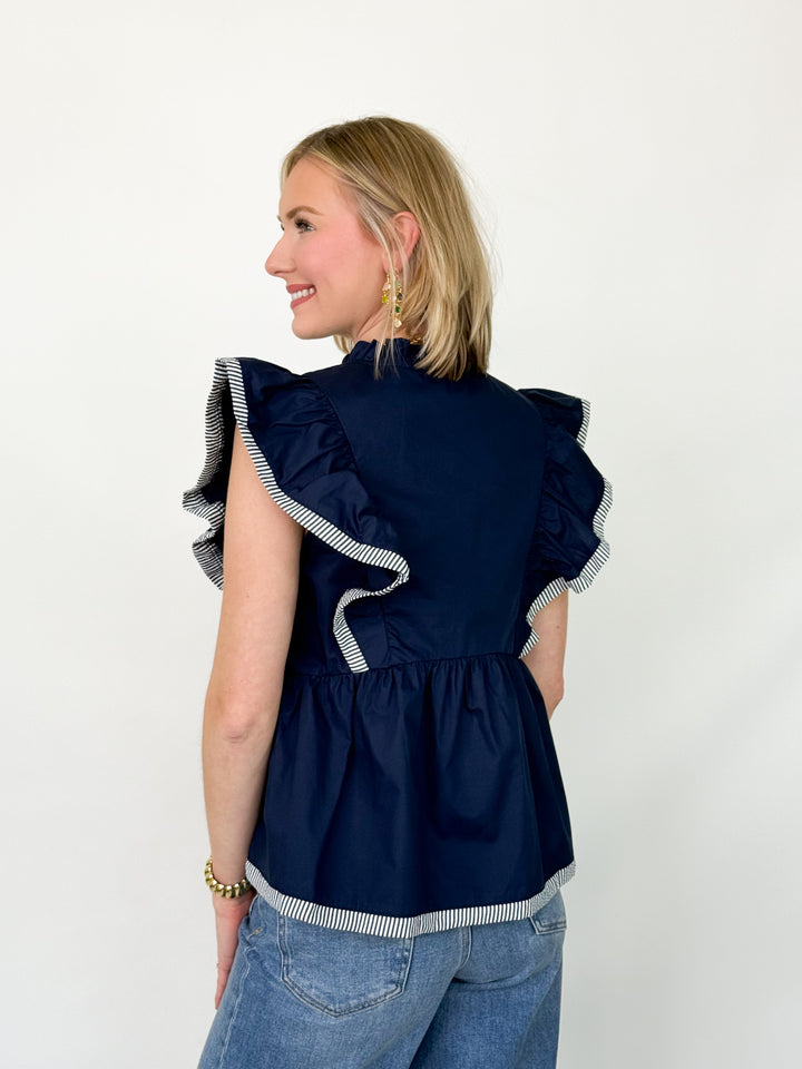 Lynsey - Navy Ruffled Sleeve Embroidered Top