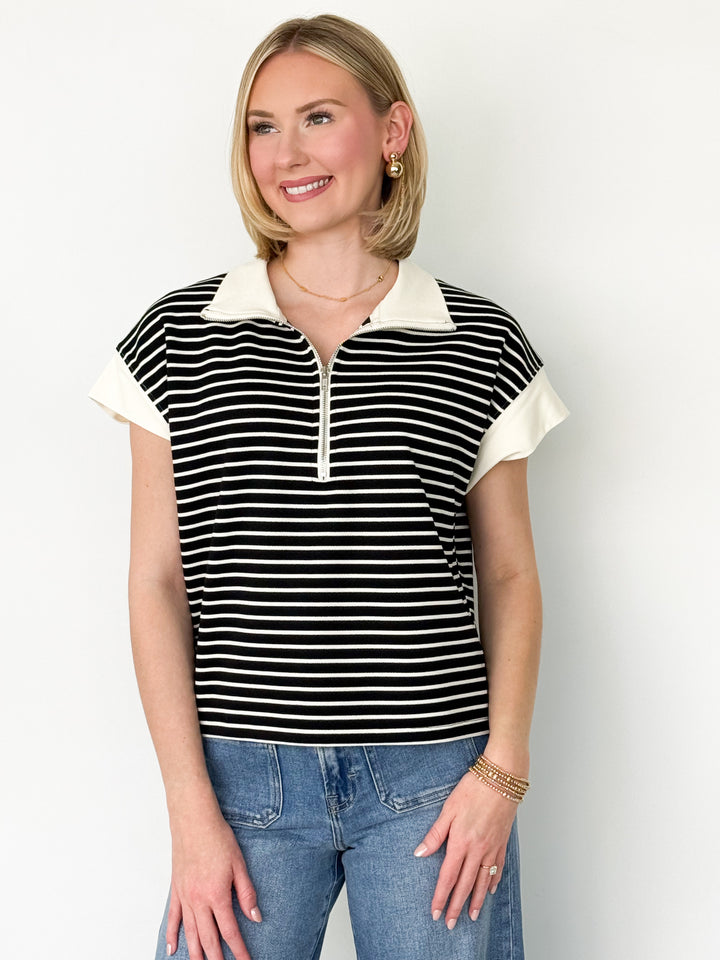 Stephanie - Striped Half Zip Top (Black)
