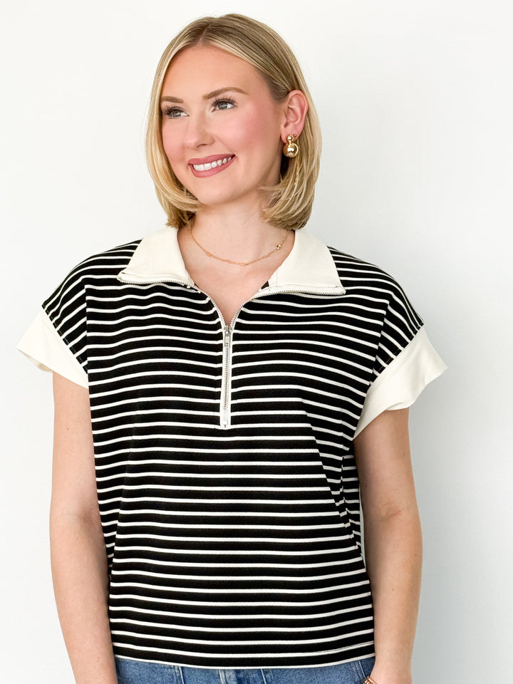 Stephanie - Striped Half Zip Top (Black)