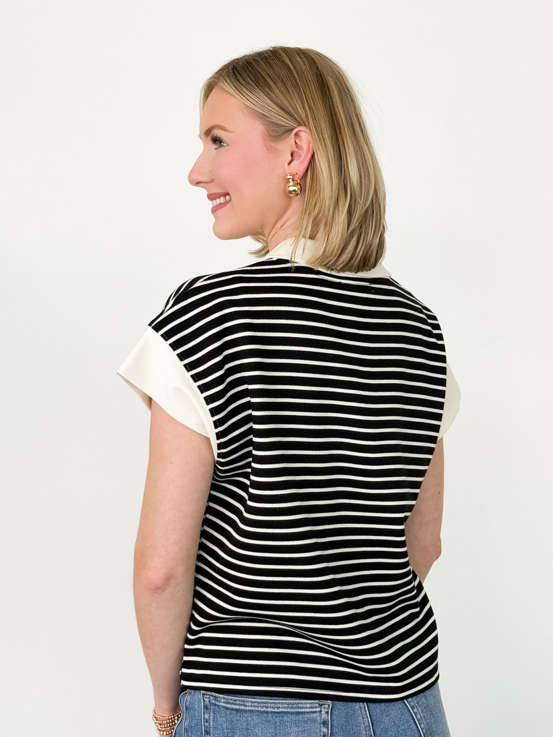 Stephanie - Striped Half Zip Top (Black)