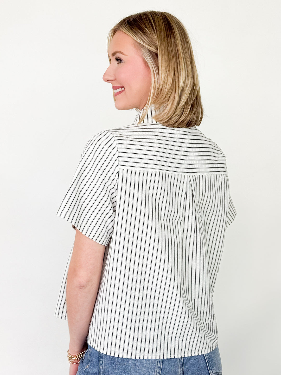 Jessa - Short Sleeve Striped Pleated Button Up Top