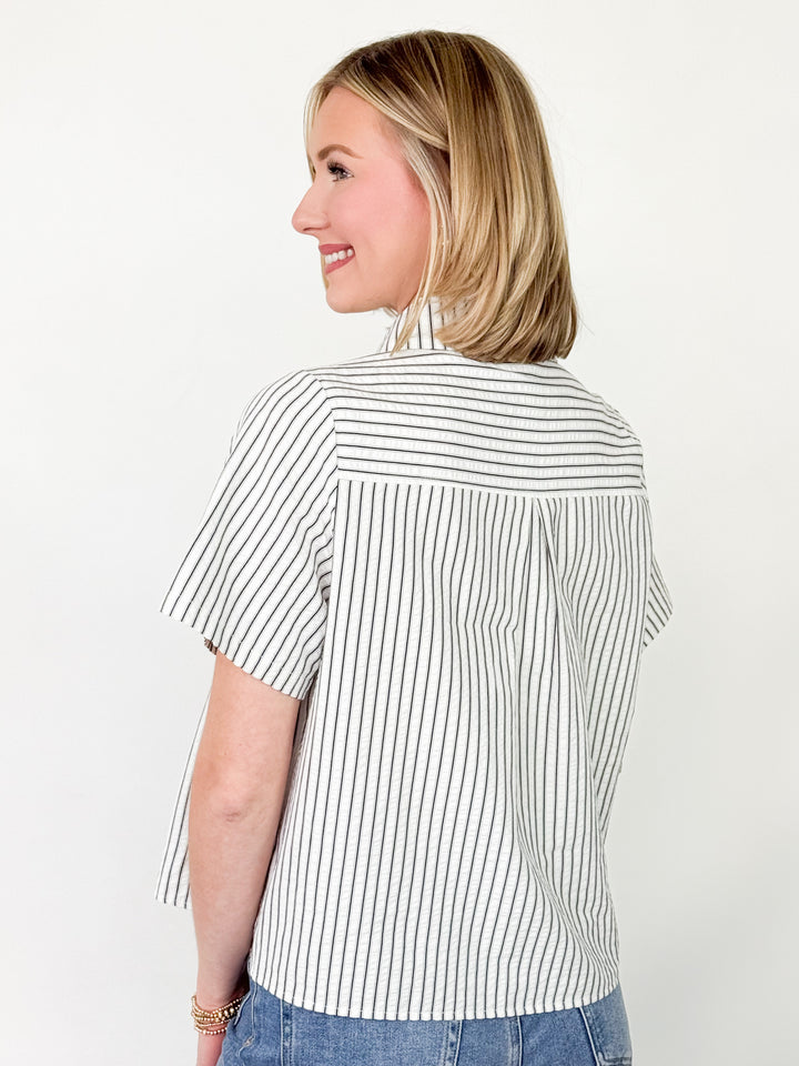 Jessa - Short Sleeve Striped Pleated Button Up Top
