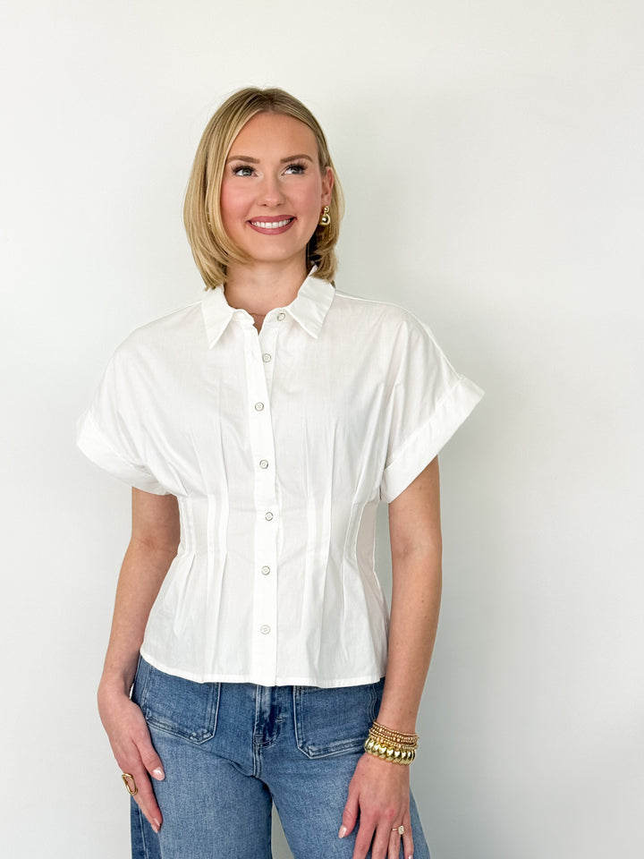 Courtney - Pleated Waist Button Up Blouse (White)