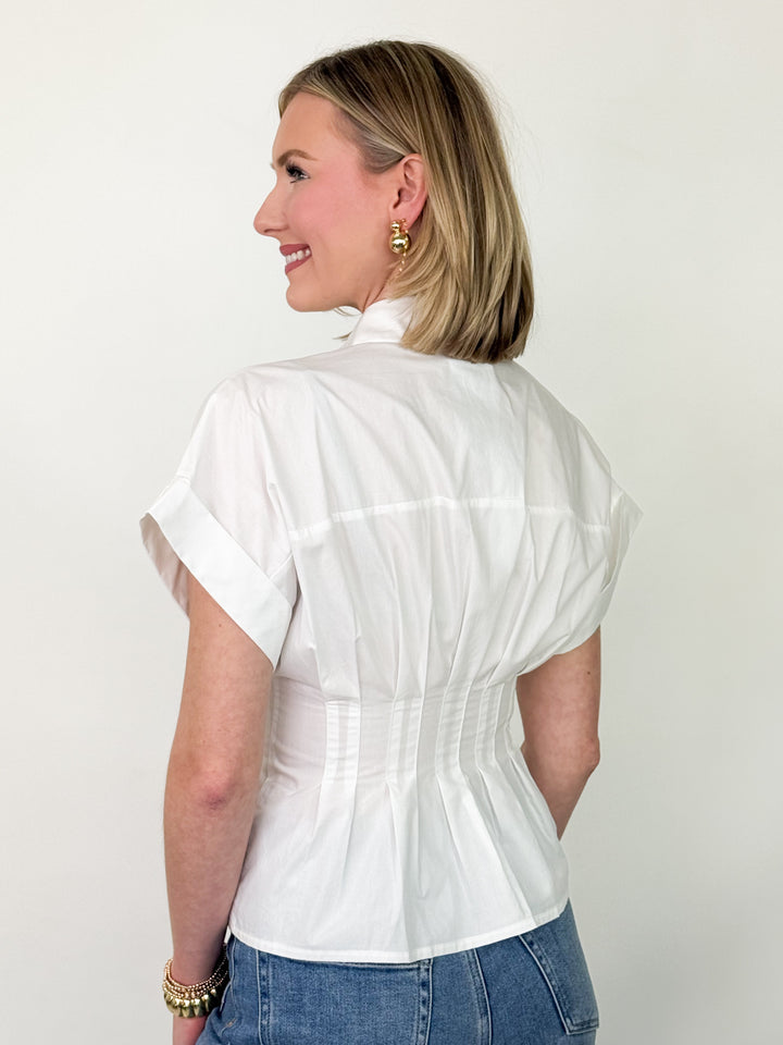 Courtney - Pleated Waist Button Up Blouse (White)