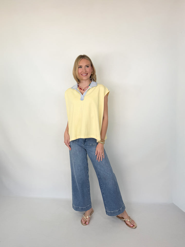 Stella - Yellow + Blue Contrast Collared Top