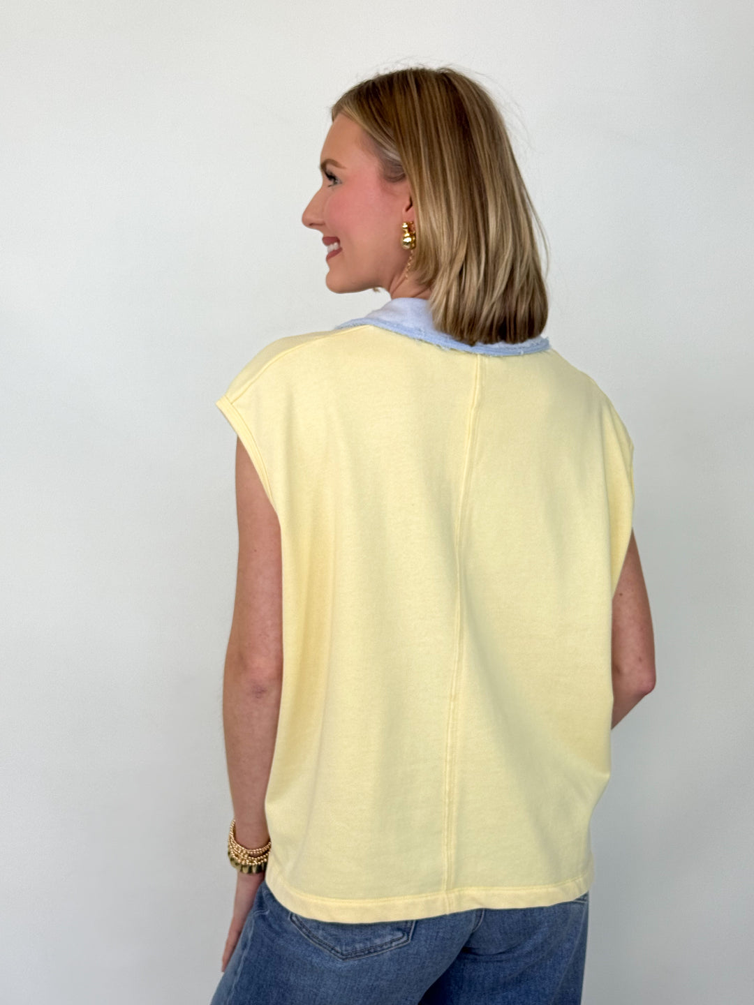 Stella - Yellow + Blue Contrast Collared Top