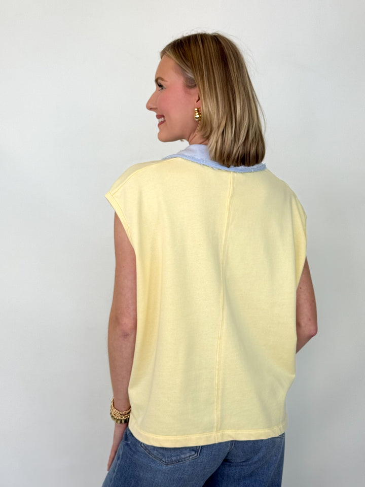 Stella - Yellow + Blue Contrast Collared Top