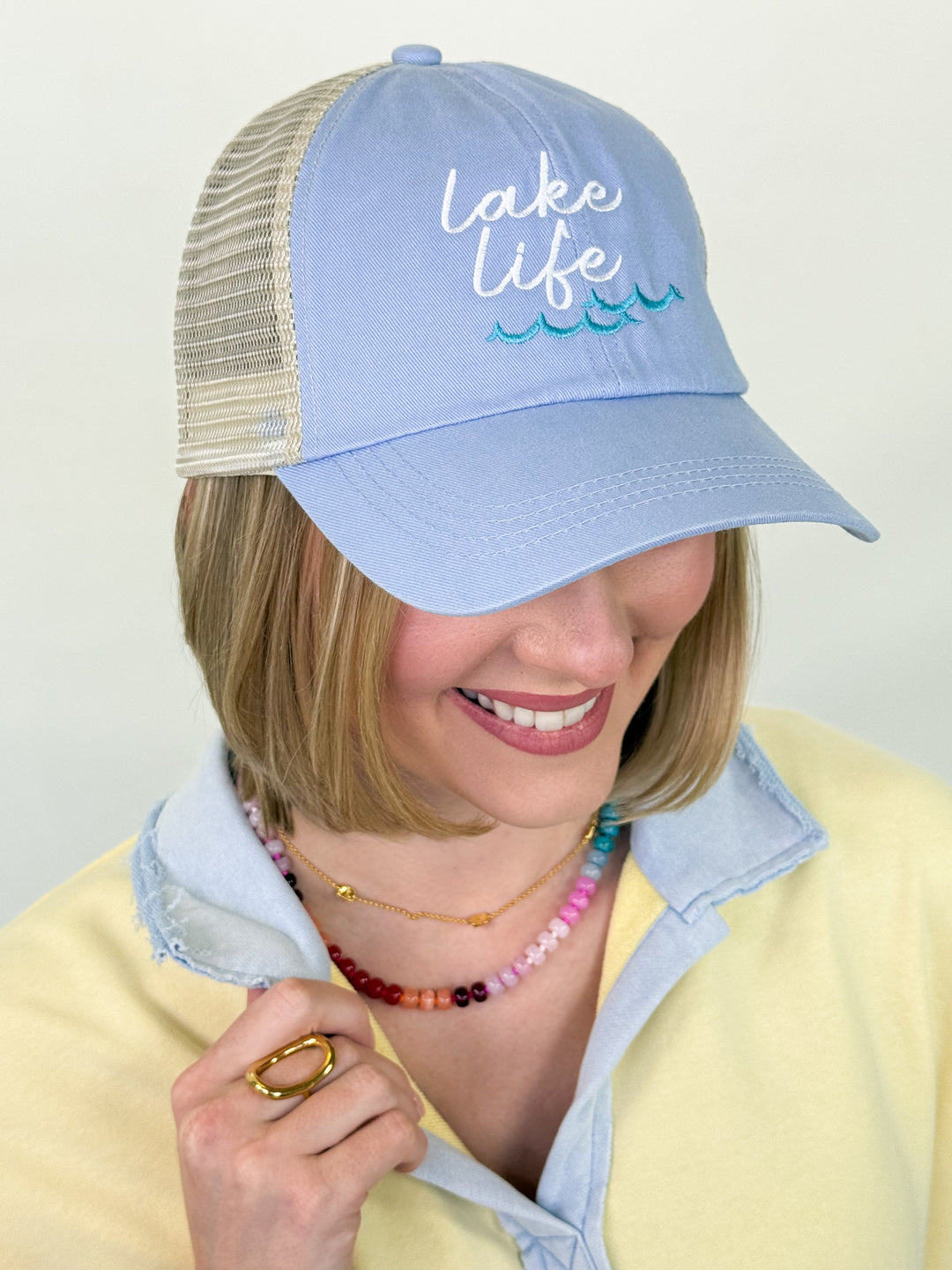 Lake Life Embroidered Mesh Back Baseball Cap (Light Blue)