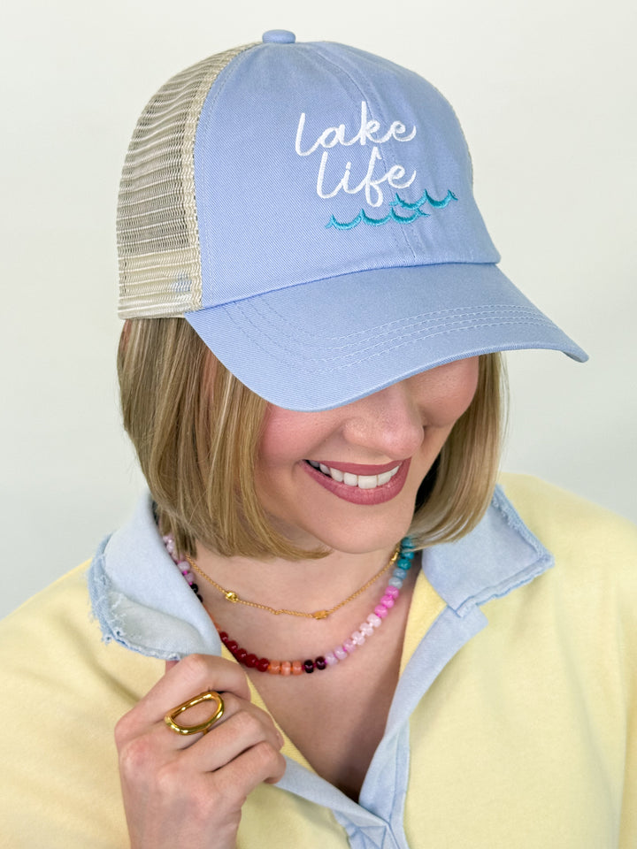 Lake Life Embroidered Mesh Back Baseball Cap (Light Blue)