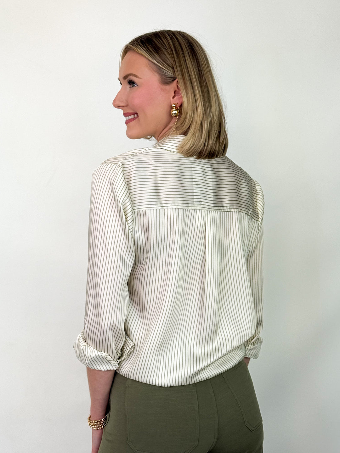 Stella - Striped Button Down Blouse (Olive)