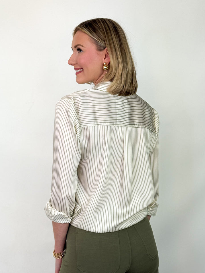 Stella - Striped Button Down Blouse (Olive)