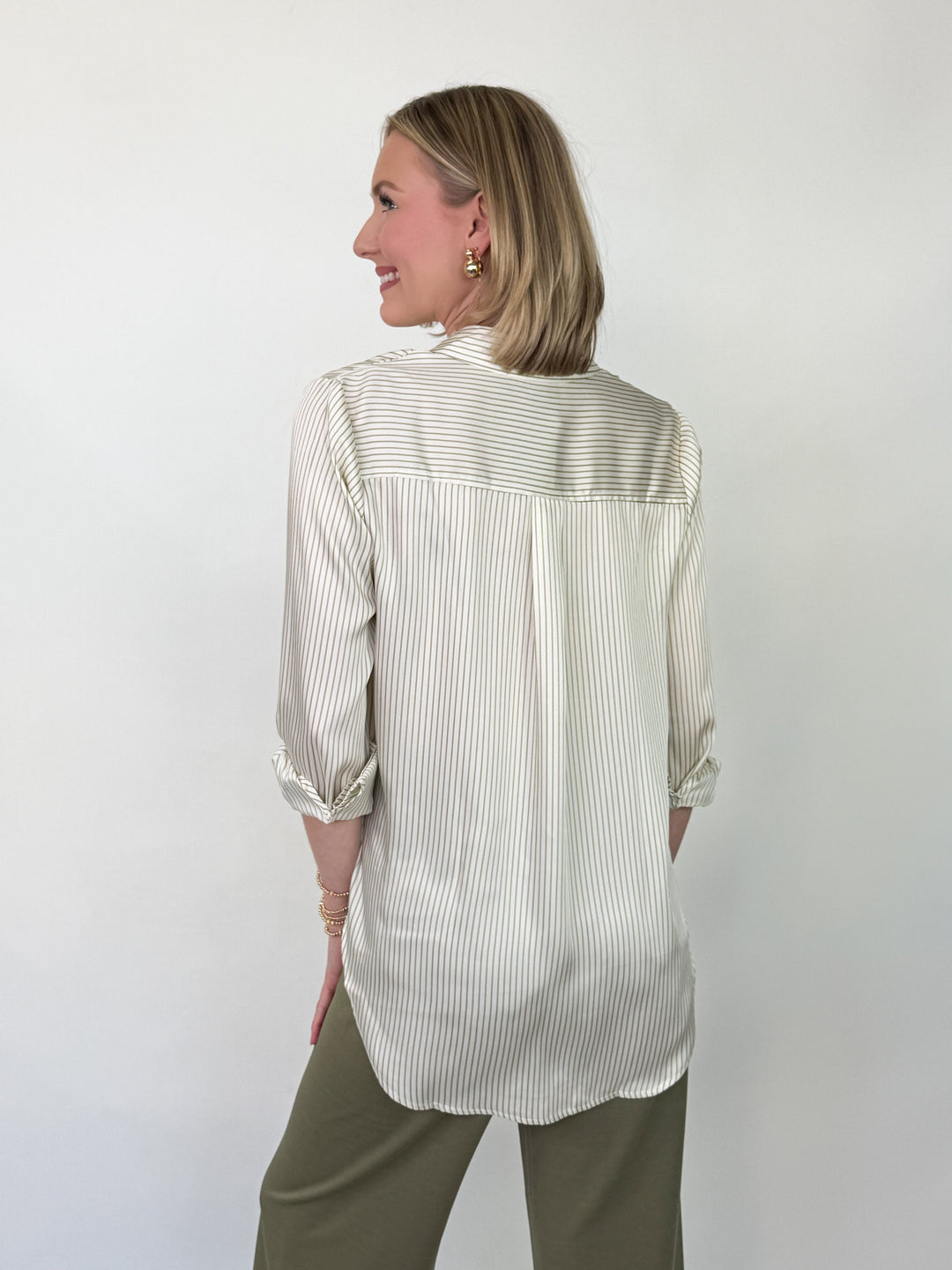 Stella - Striped Button Down Blouse (Olive)
