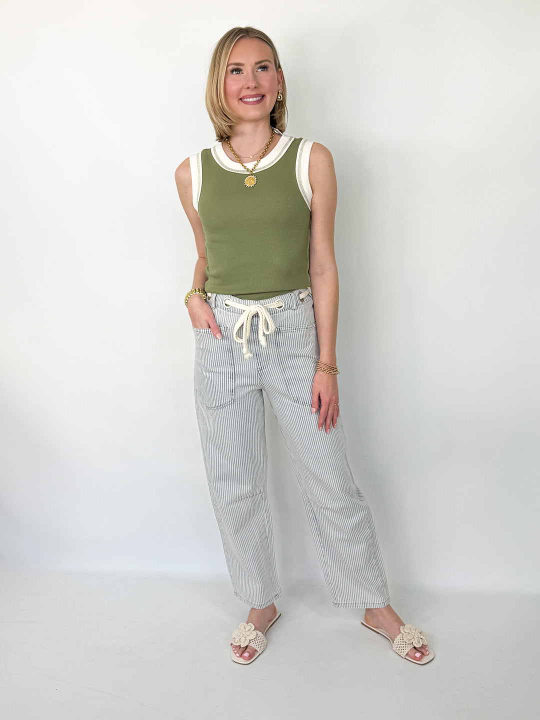 Addi - Washed Striped Rope Tie Waist Barrel pants