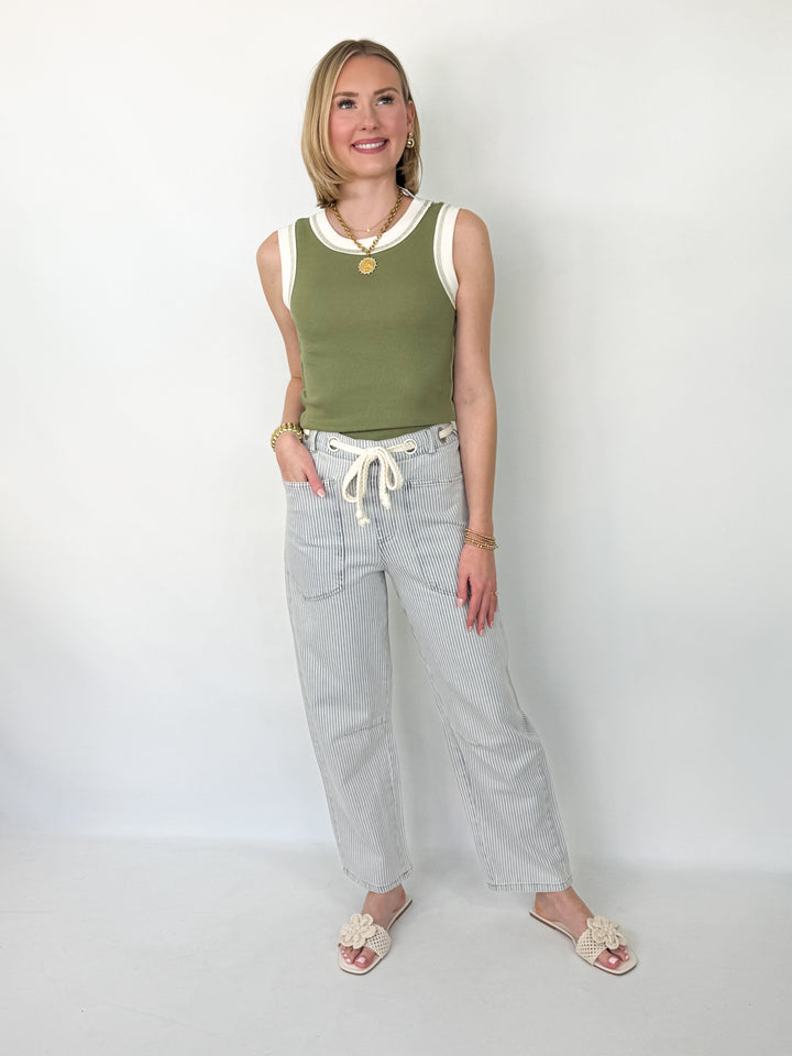 Addi - Washed Striped Rope Tie Waist Barrel pants