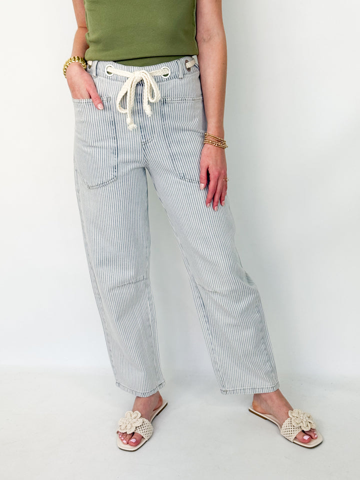 Addi - Washed Striped Rope Tie Waist Barrel pants