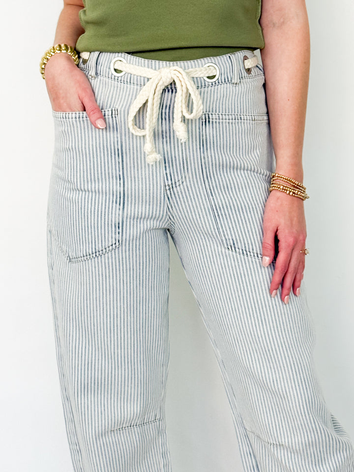 Addi - Washed Striped Rope Tie Waist Barrel pants