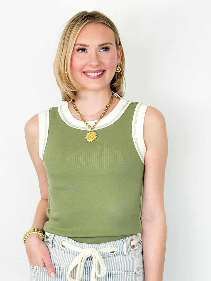 Isabella - Contrast Trim Ribbed Tank (Olive)