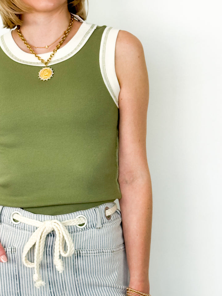 Isabella - Contrast Trim Ribbed Tank (Olive)