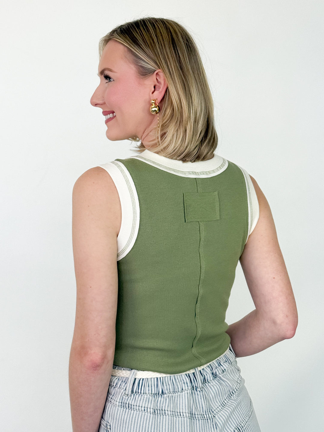 Isabella - Contrast Trim Ribbed Tank (Olive)