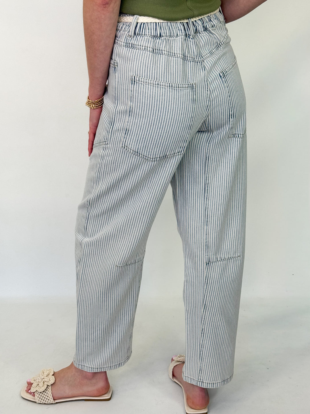 Addi - Washed Striped Rope Tie Waist Barrel pants