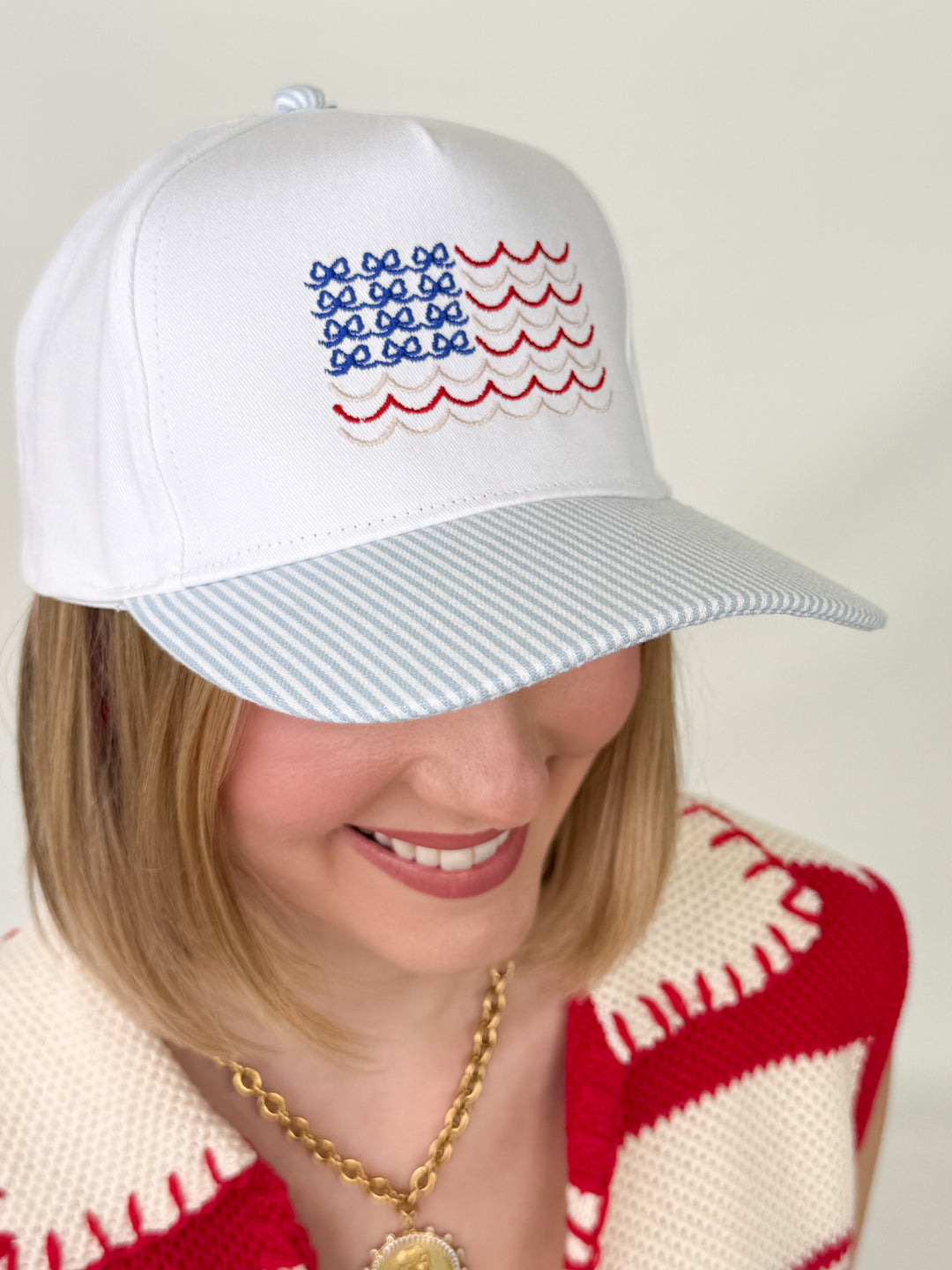 Americana USA Wave Flag Embroidered Adjustable Baseball Cap (Blue)