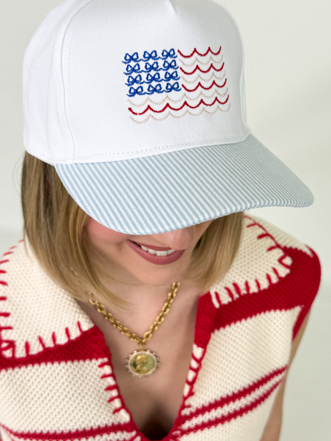 Americana USA Wave Flag Embroidered Adjustable Baseball Cap (Blue)