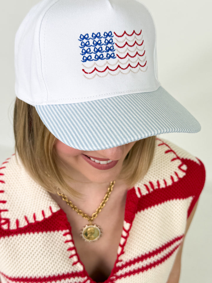 Americana USA Wave Flag Embroidered Adjustable Baseball Cap (Blue)
