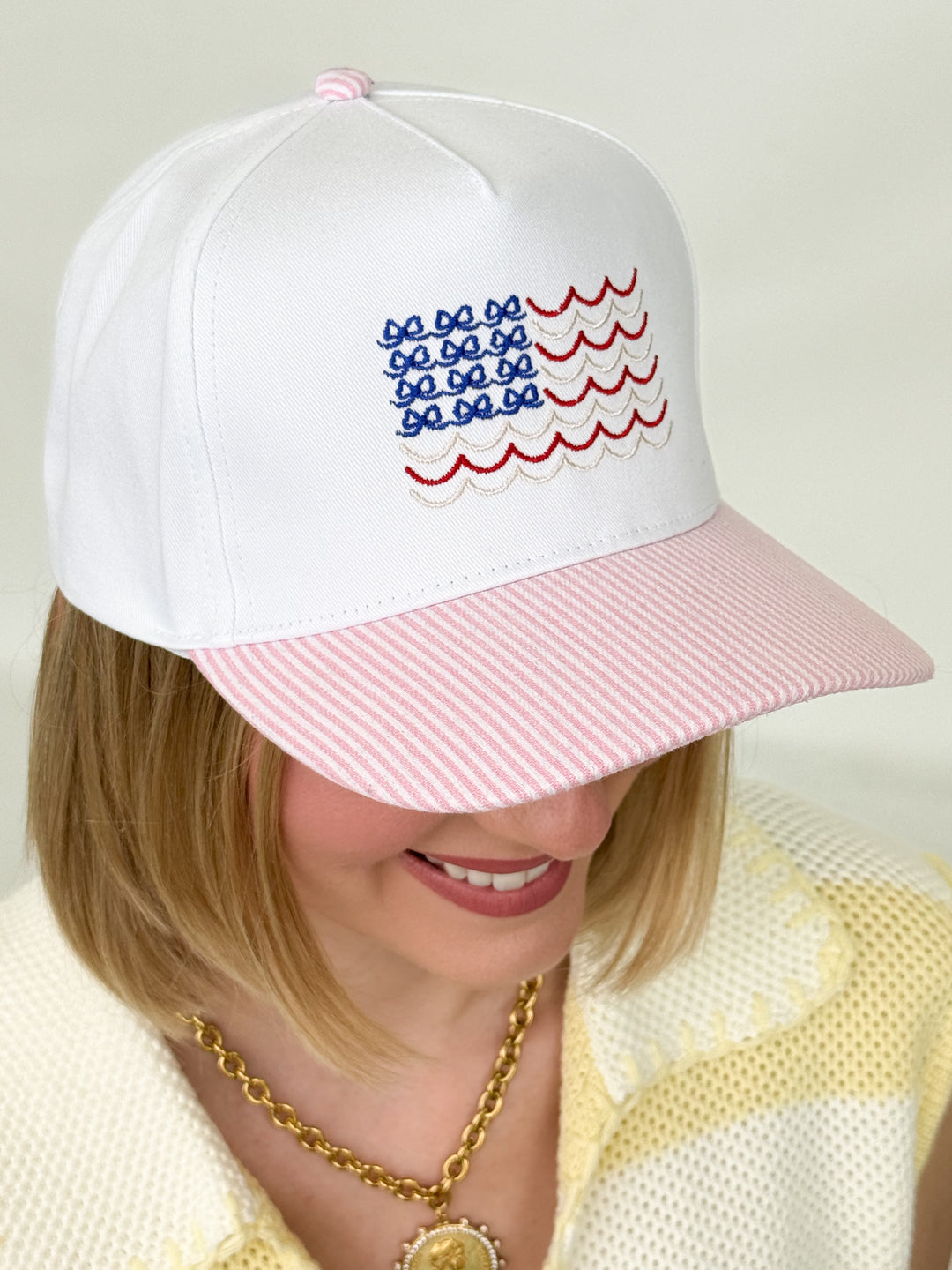 Americana USA Wave Flag Embroidered Adjustable Baseball Cap (Pink)