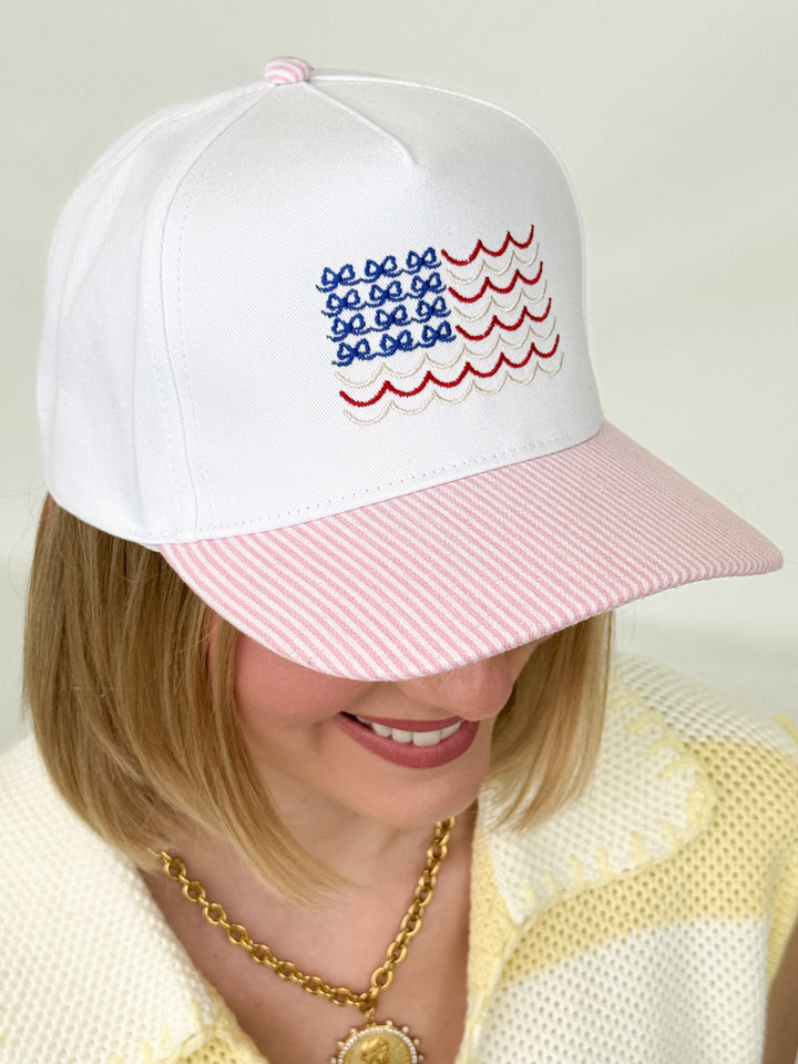 Americana USA Wave Flag Embroidered Adjustable Baseball Cap (Pink)