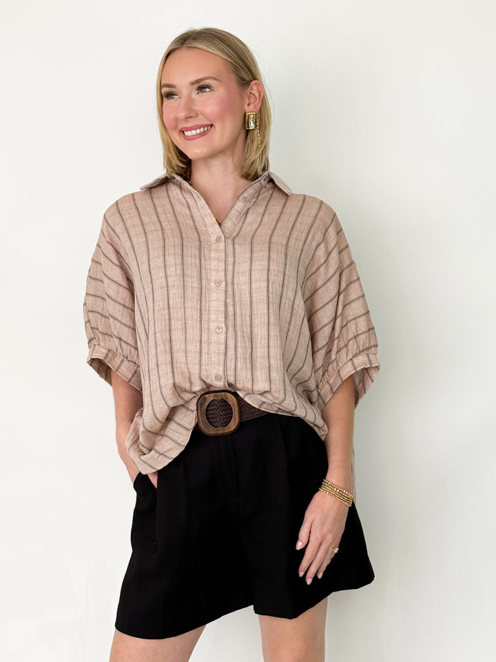 Layla - Oversized Striped Button Down Blouse (Latte)