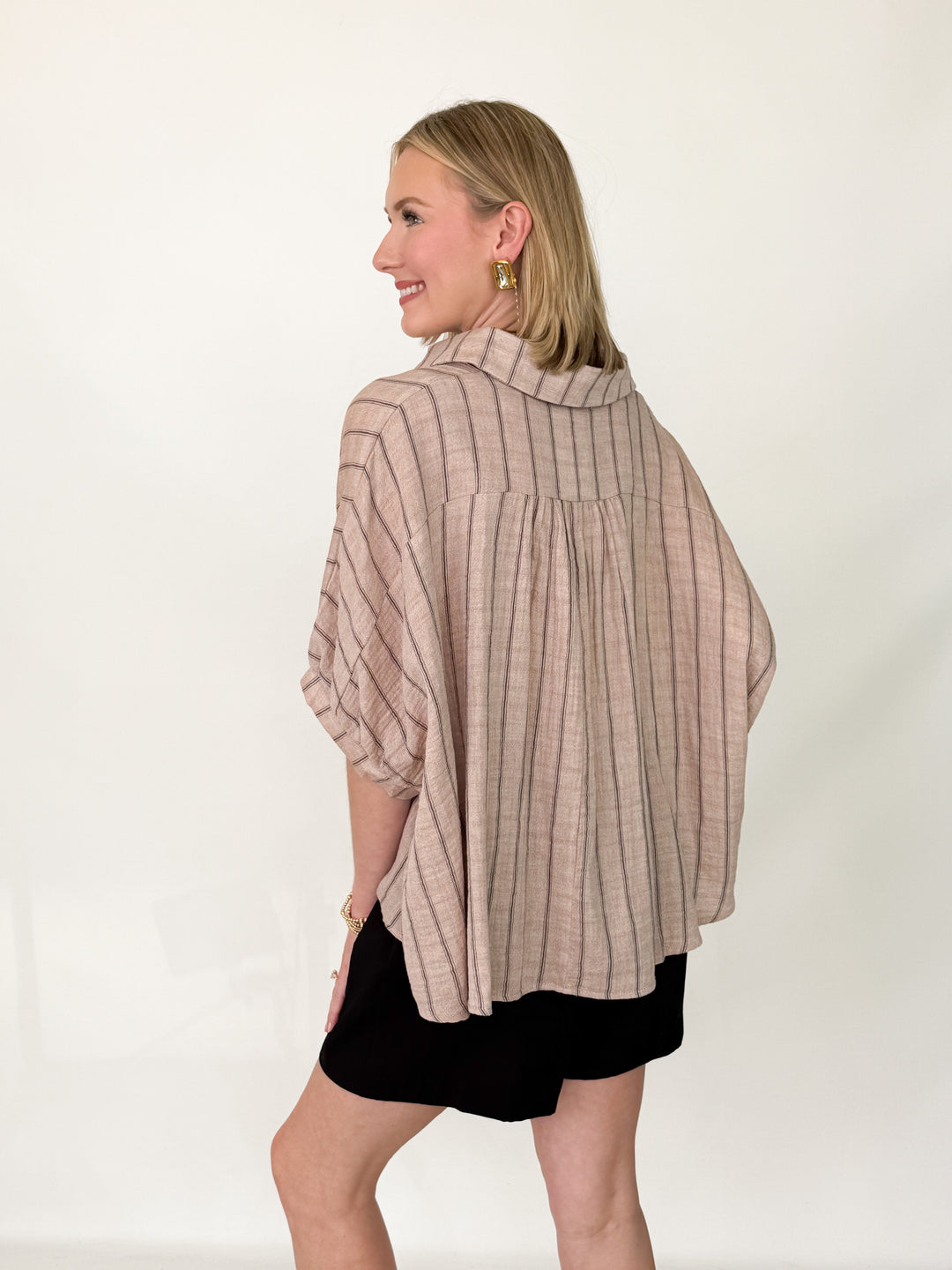 Layla - Oversized Striped Button Down Blouse (Latte)