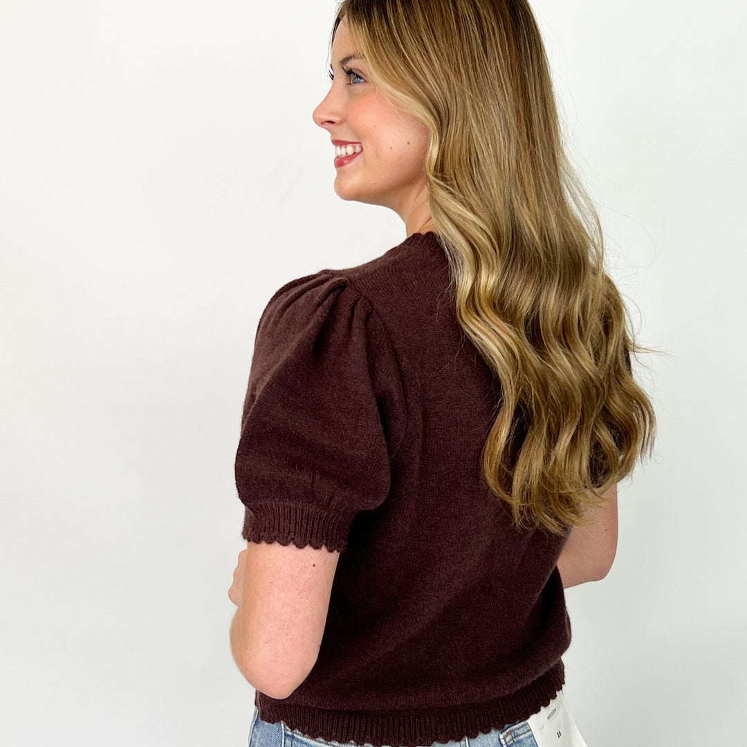 Dani - Brown Scalloped Hem Button Down Cardigan