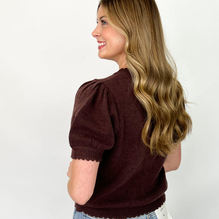 Dani - Brown Scalloped Hem Button Down Cardigan