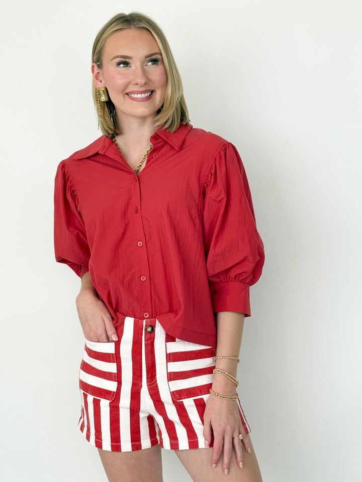 Margot - Red Puff Sleeve Button Down Blouse