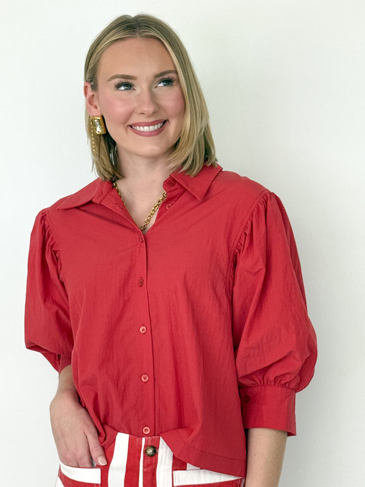 Margot - Red Puff Sleeve Button Down Blouse