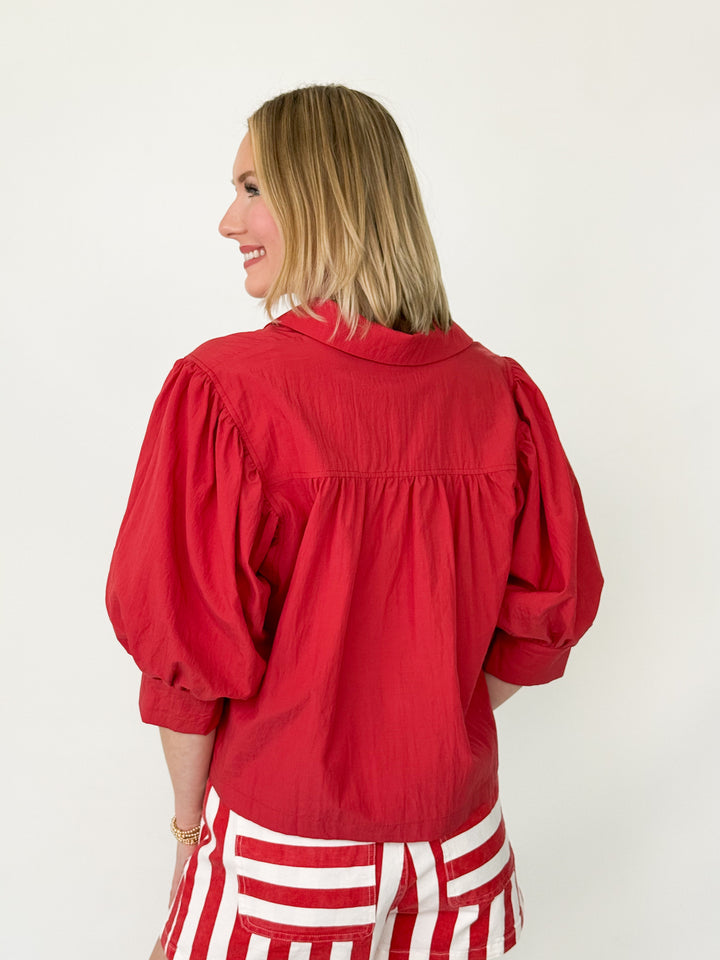 Margot - Red Puff Sleeve Button Down Blouse