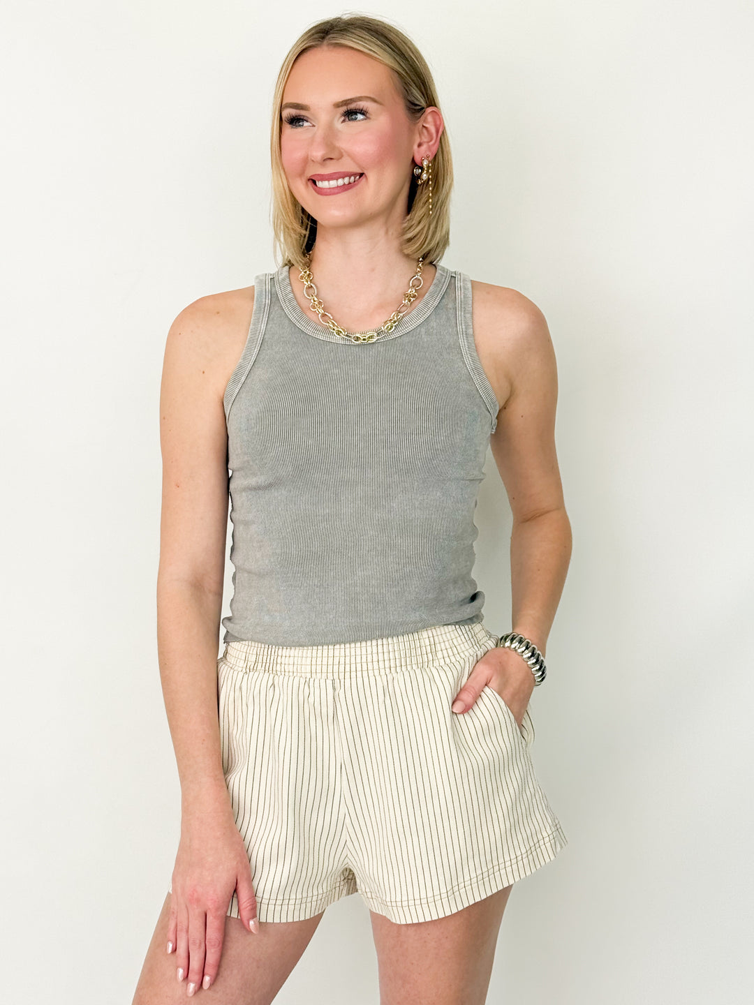 Winnie - Cream Striped Denim Shorts
