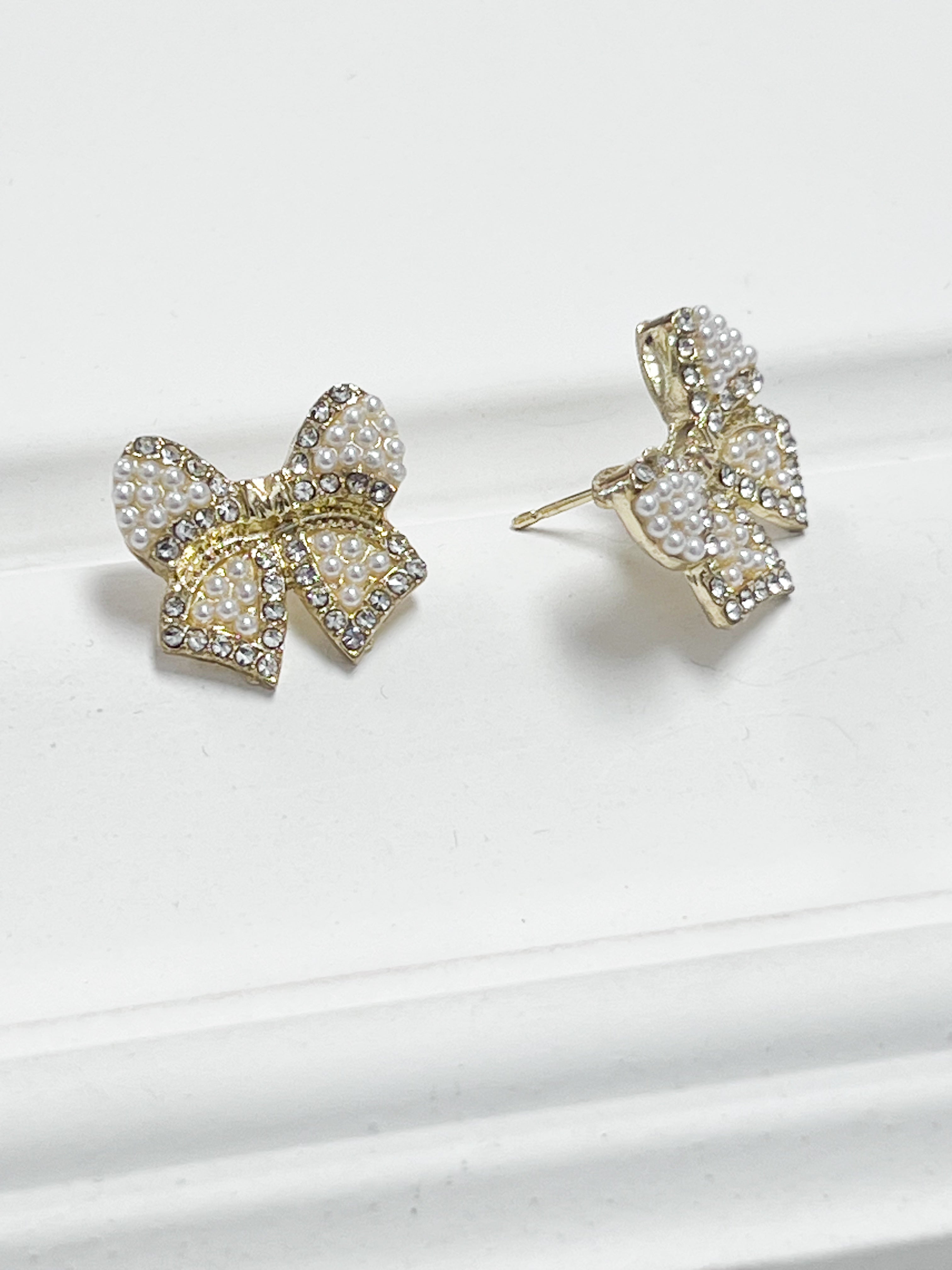 Quincey - Pearl + Rhinestone Bow Earrings