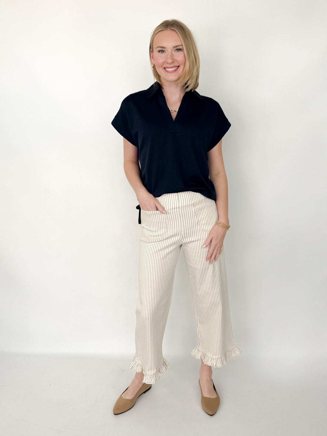 Ollie - Cream Striped Ruffle Hem Pants