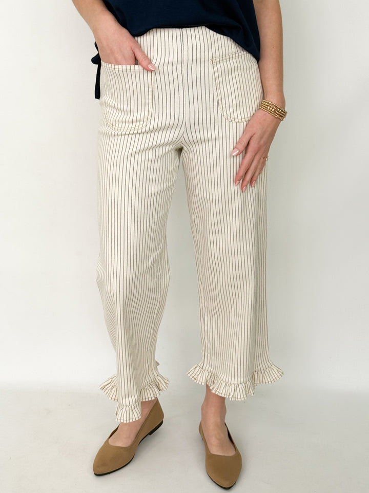 Ollie - Cream Striped Ruffle Hem Pants
