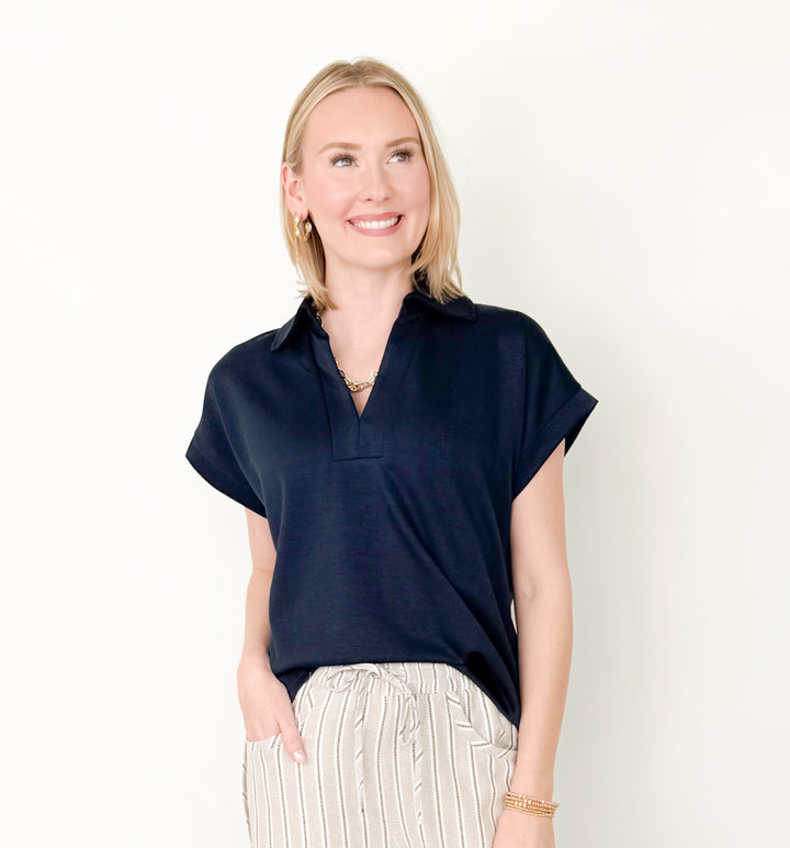 Mara - Navy V Neck Top
