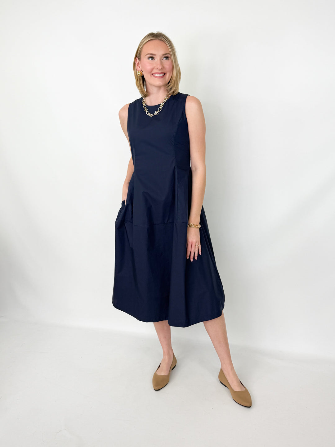 Nikita - Navy Poplin Midi Dress