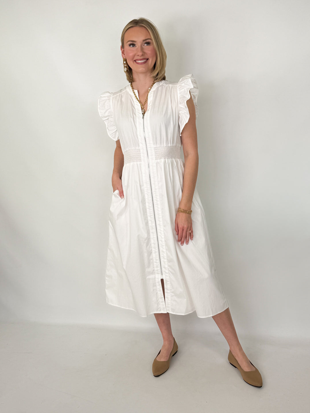 Morgan - White Ruffle Sleeve Smocked Waist Front Zip Midi Dress