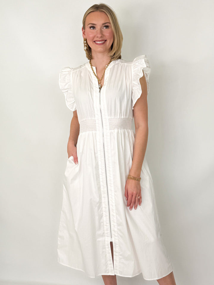 Morgan - White Ruffle Sleeve Smocked Waist Front Zip Midi Dress