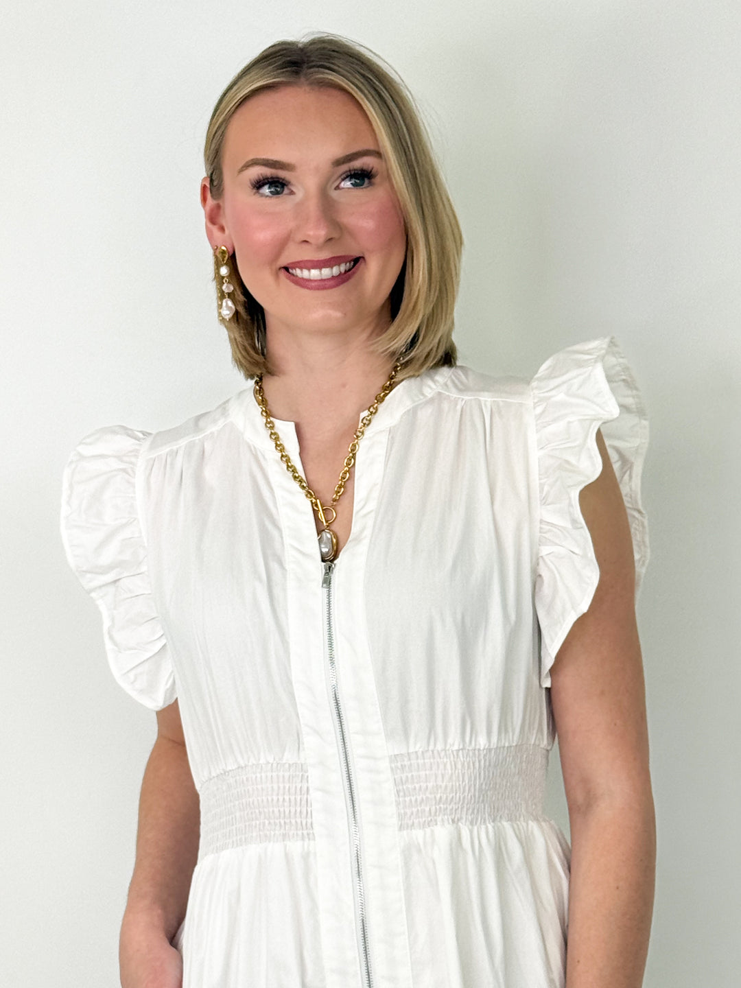 Morgan - White Ruffle Sleeve Smocked Waist Front Zip Midi Dress