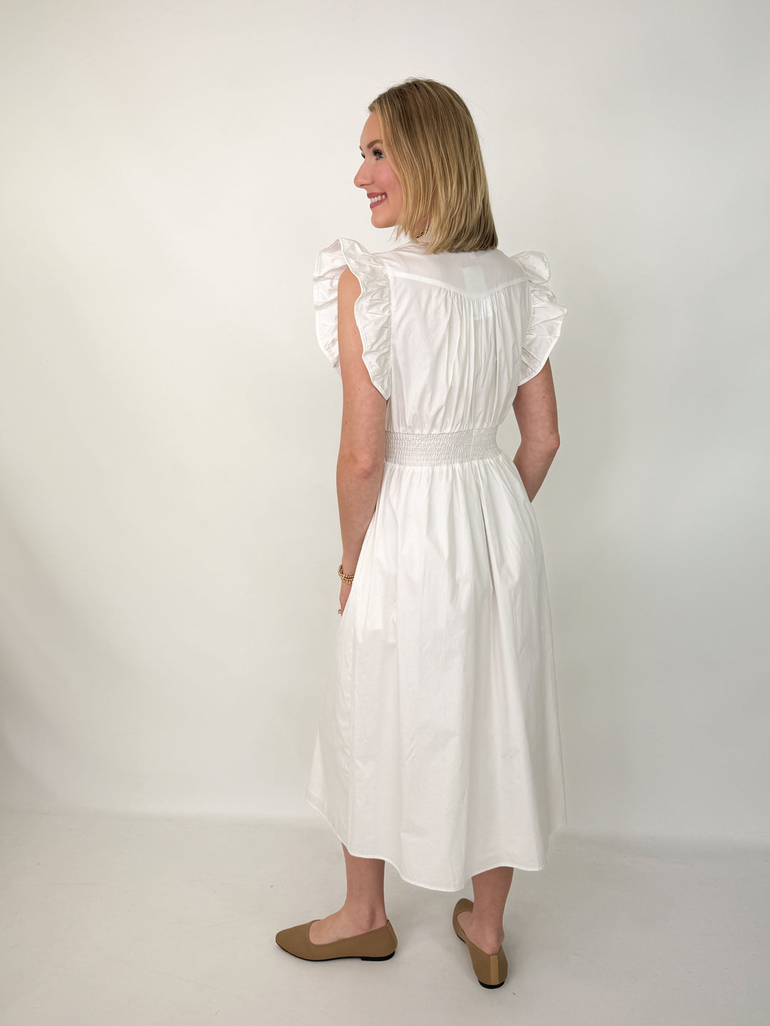 Morgan - White Ruffle Sleeve Smocked Waist Front Zip Midi Dress