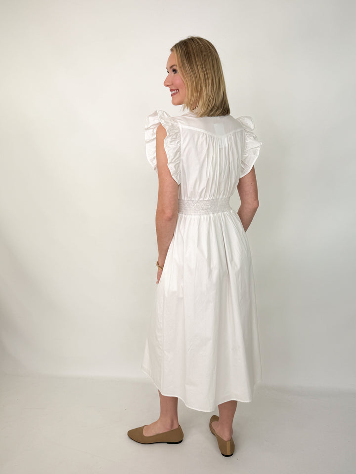 Morgan - White Ruffle Sleeve Smocked Waist Front Zip Midi Dress