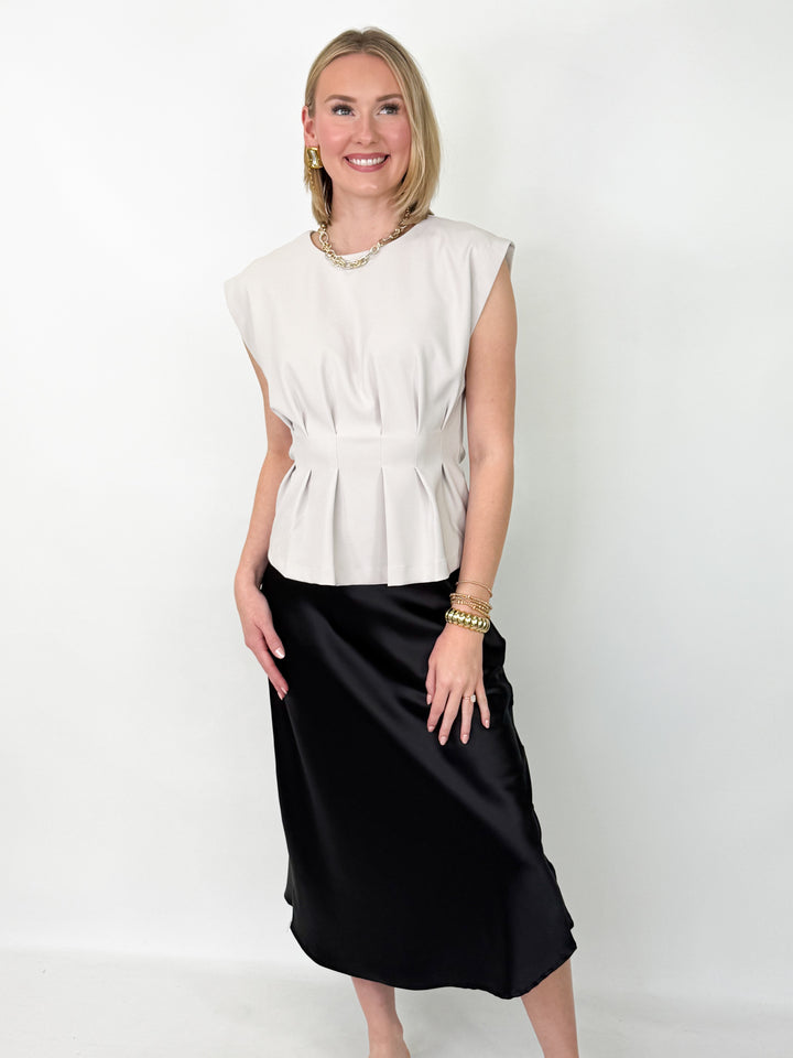 Julie - Black Satin Midi Skirt